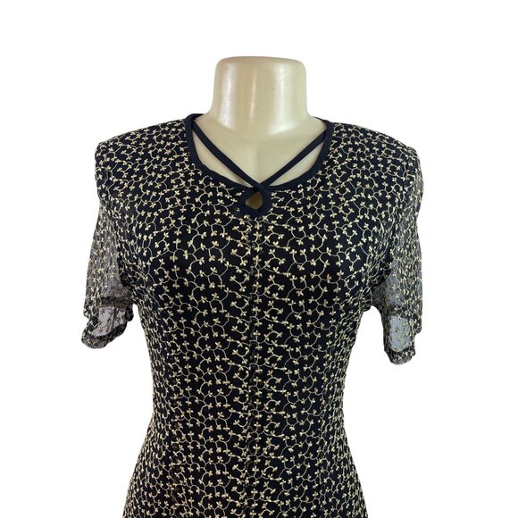 Vintage-Inspired Black & Beige Floral Midi Dress With Sheer Sleeves & Tie-Back - Picture 2 of 7